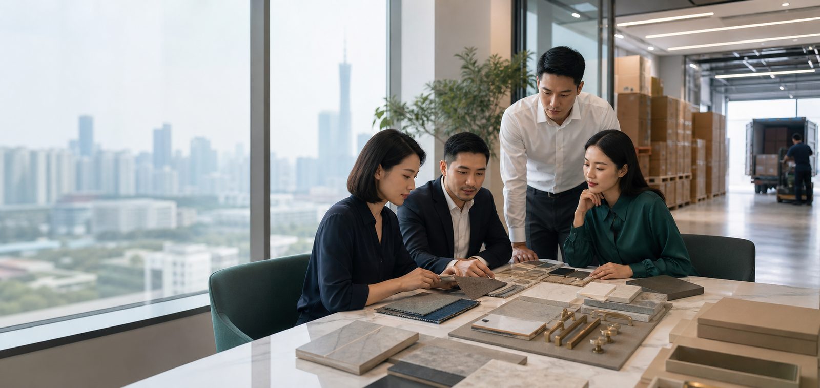 RAVORI sourcing team reviewing material samples in Guangzhou